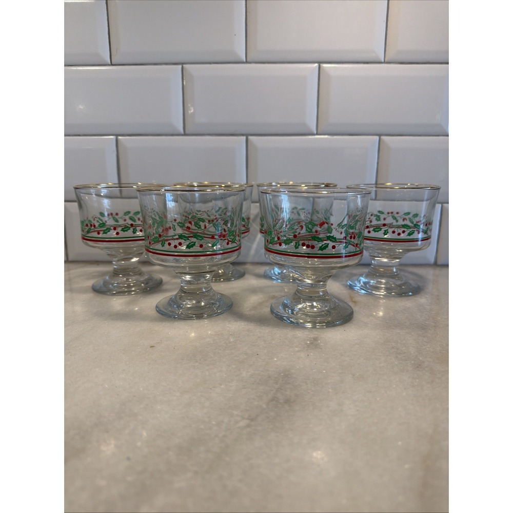 Set Of 6 Vintage 1980's Arby Christmas Libbey's Sherbet Glasses HollyBerry GW002